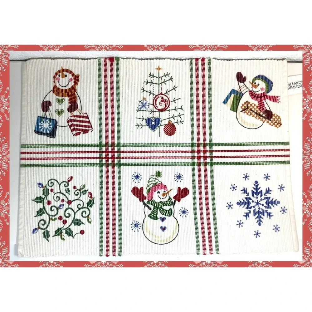 Dillards Trimmings  Woven Snowman Plaid Christmas Holiday‎ Placemats Set of 8
